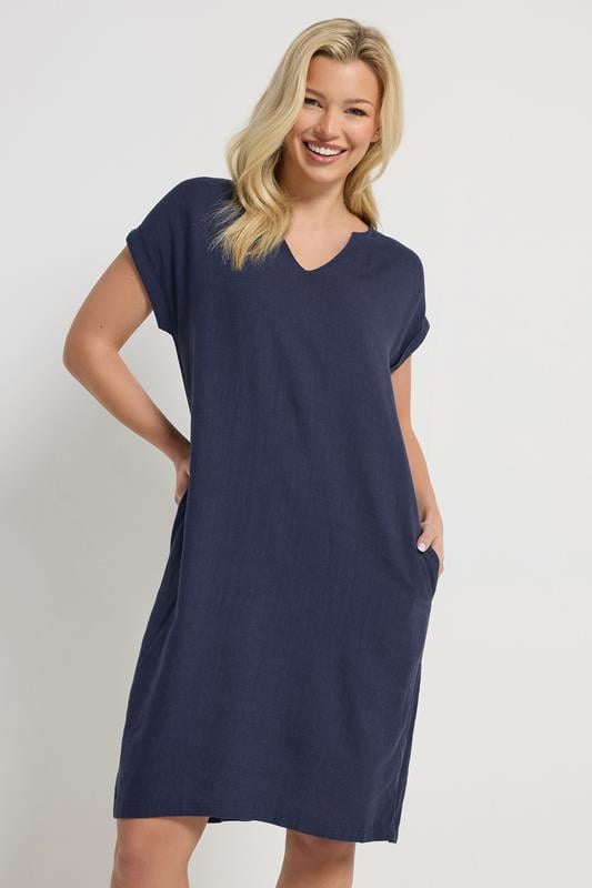 M&Co Navy Blue Notch Neck Linen Dress | M&Co 1