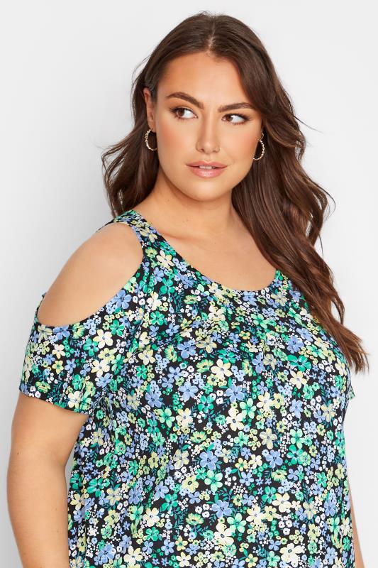 Plus Size Black Ditsy Print Cold Shoulder Top | Yours Clothing 4