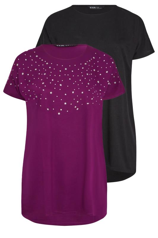 YOURS Curve 2 PACK Black & PurpleEmbellished T-shirts | Yours Clothing 7