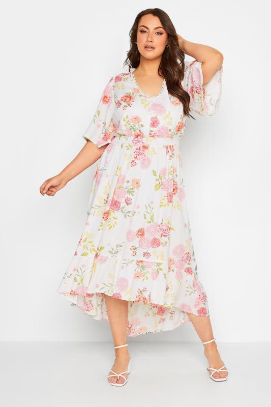 YOURS Plus Size White Floral Print Dipped Hem Midi Dress | Yours Clothing 2