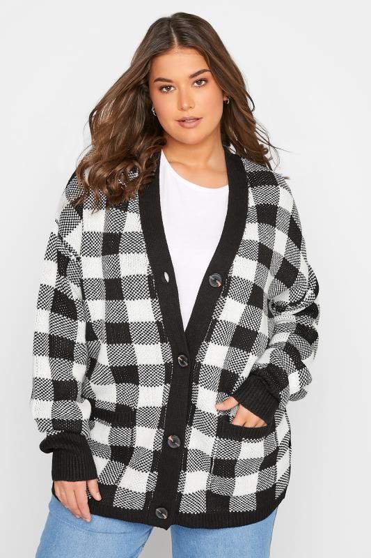  Grande Taille LTS Tall Black Gingham Button Knitted Cardigan