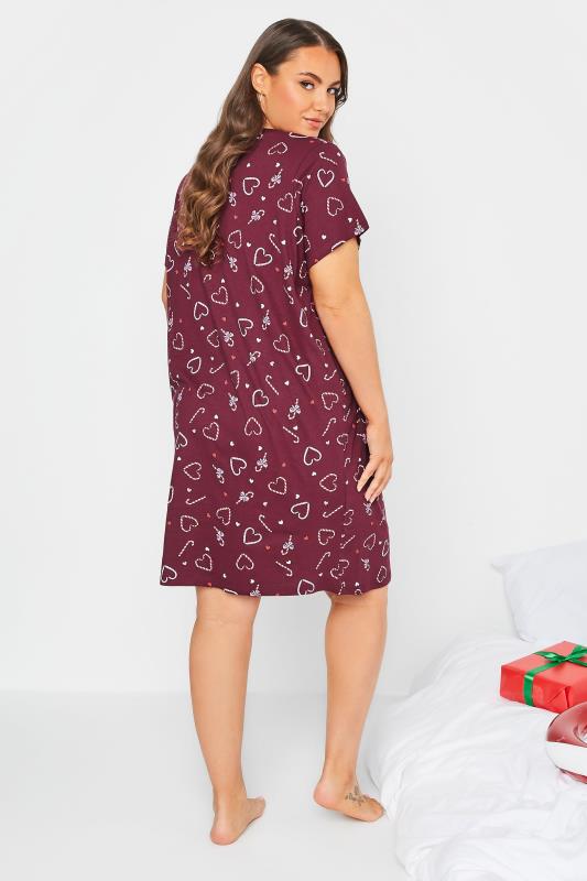 Curve Plus Size Burgundy Red Candy Cane Heart Print Nightdress | Yours Clothing 2
