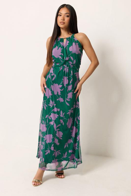  M&Co Petite Teal Mesh Knot Front Halter Neck Maxi Dress