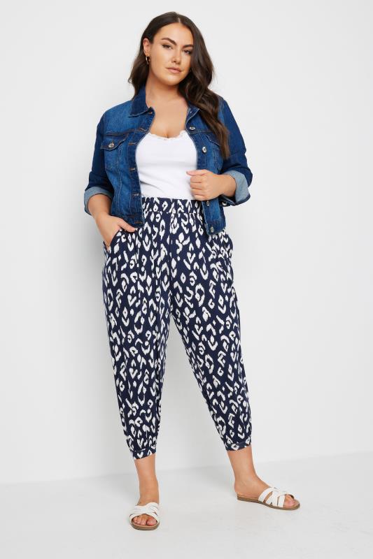 YOURS Plus Size Blue Aztec Print Cropped Harem Joggers | Yours Clothing 1