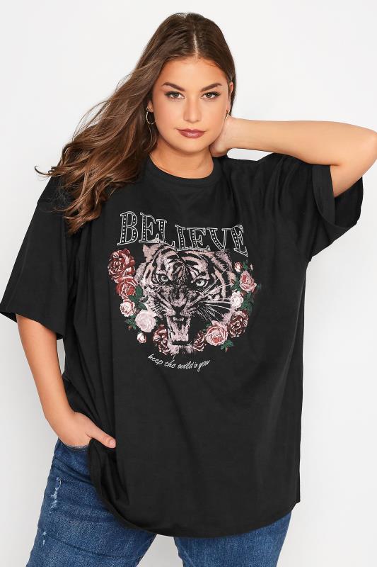 Plus Size Black 'Believe' Tiger Graphic Print T-Shirt | Yours Clothing 1