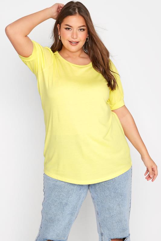 Plus Size Yellow Puff Sleeve T-Shirt | Yours Clothing 1