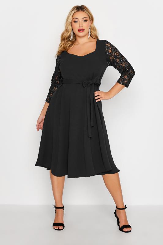 YOURS LONDON Curve Black Sequin Lace Sleeve Skater Dress | Yours Clothing 2