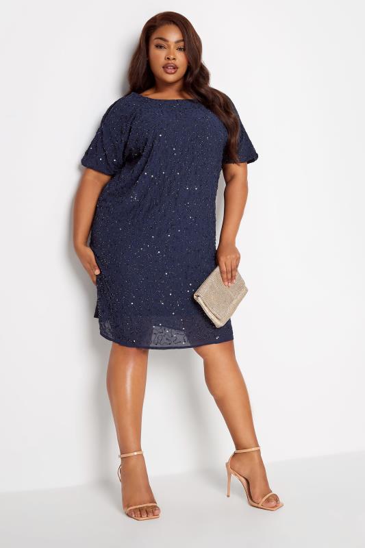 LUXE Plus Size Blue Sequin Hand Embellished Cape Dress | Yours Clothing 1