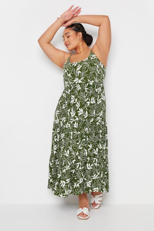 Plus Size  YOURS Curve Green Leaf Print Crinkle Tiered Maxi Dress