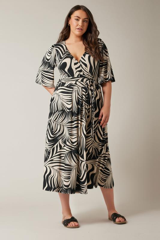 EVANS Plus Size Black Palm Print Wrap Midi Dress | Evans 1
