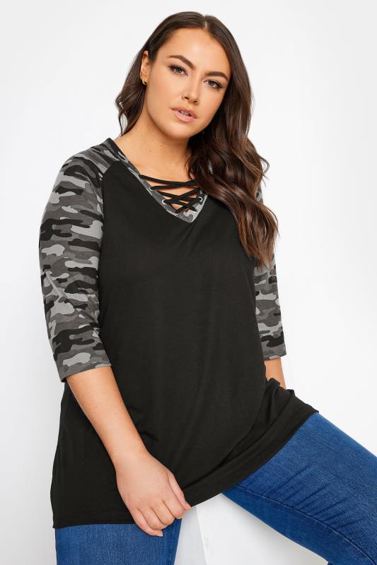 YOURS 2 PACK Plus Size Blue & Black Camo Print Lace Up Eyelet Tops | Yours Clothing 6