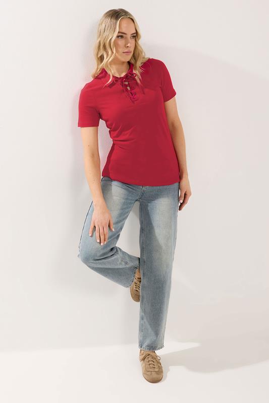 LTS Tall Women's Red Lace Up Collared T-Shirt | Long Tall Sally 1