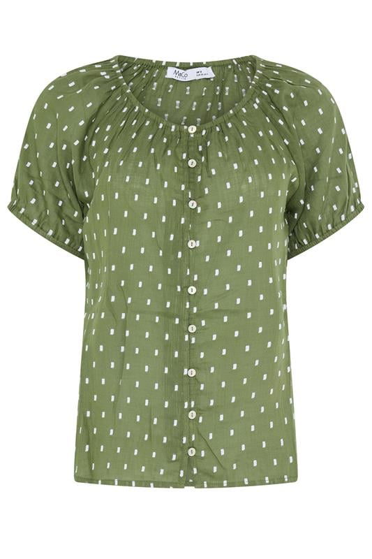 M&Co Petite Khaki Green Dobby Button Up Cotton Blouse | M&Co 1