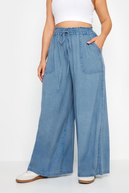 YOURS Plus Size Blue Chambray Wide Leg Trousers | Yours Clothing 2