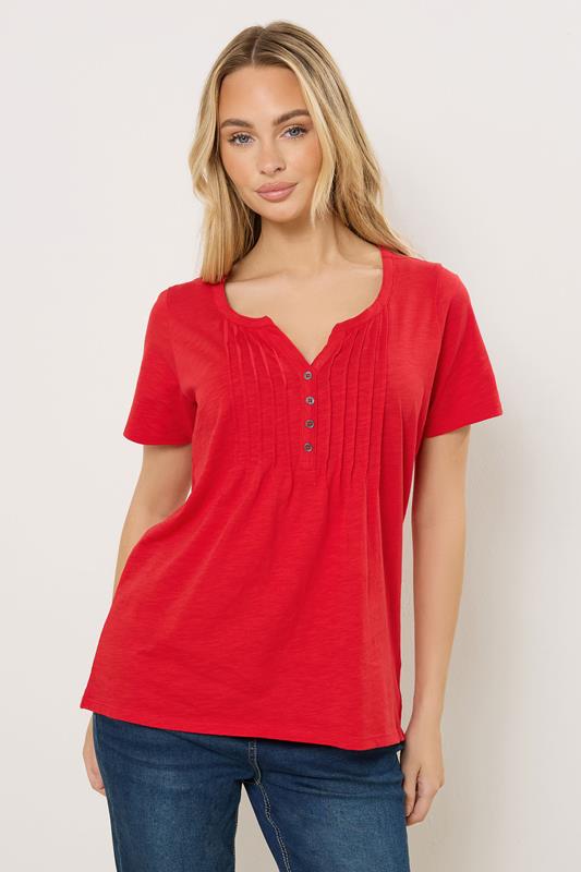 M&Co Bright Red Cotton Short Sleeve Henley Top | M&Co 1