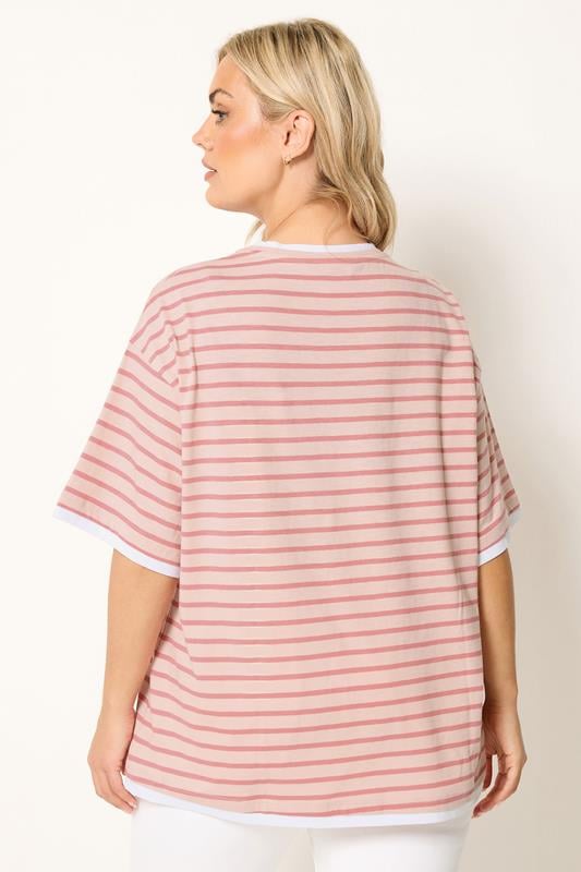 YOURS Plus Size Pink Stripe 2-In-1 Boxy T-Shirt | Yours Clothing 2