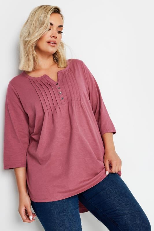Plus Size  YOURS Curve Rose Pink Pintuck Henley Top
