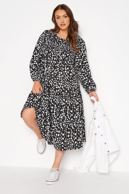 Plus Size  Curve Black Dalmatian Print Balloon Sleeve Midi Dress