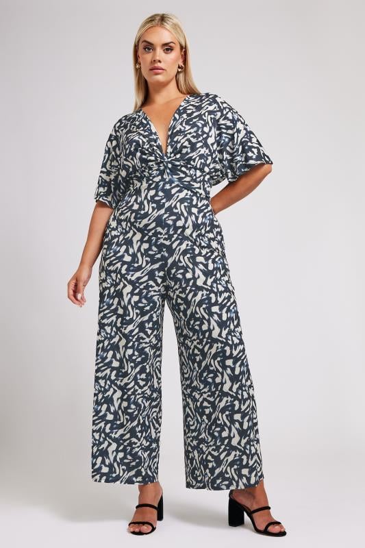 YOURS LONDON Plus Size Black Abstract Print Knot Front Jumpsuit | Yours Clothing 2