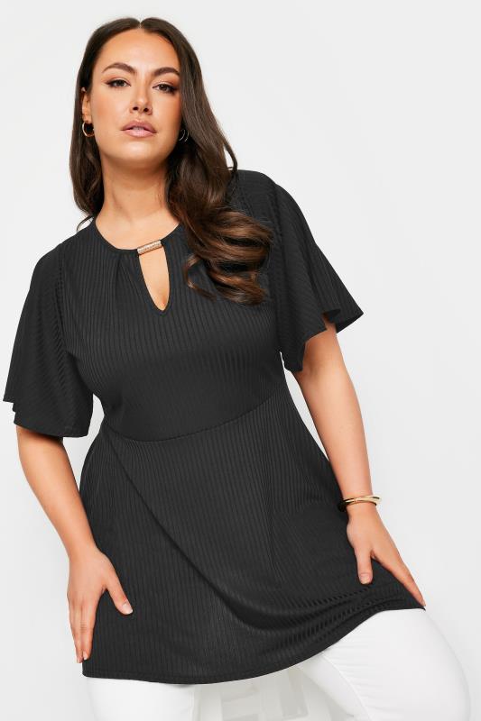 YOURS Plus Size Black Metal Trim Peplum Top | Yours Clothing 1