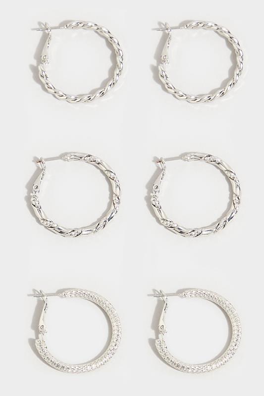 3 PACK Silver Twisted Hoop Earrings | Yours Clothing 3