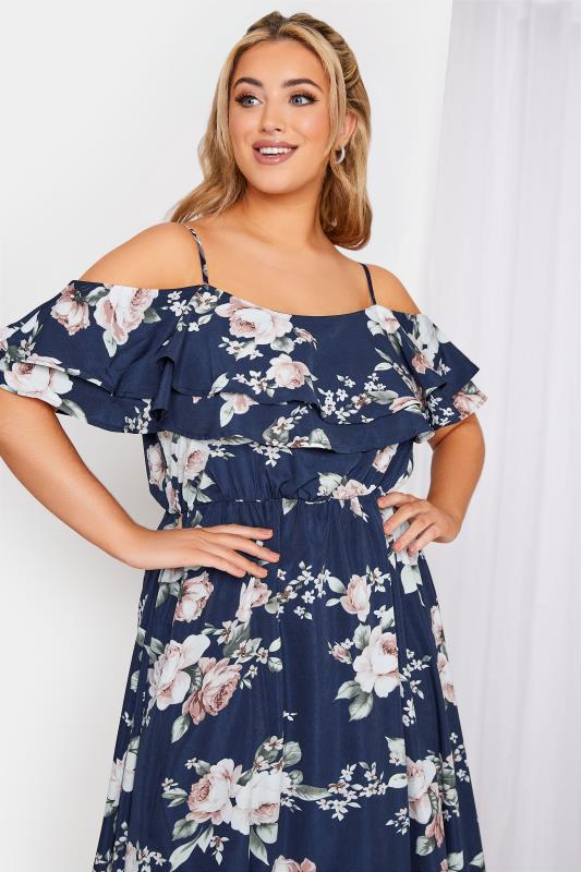 Plus Size YOURS LONDON Curve Navy Blue Floral Bardot Ruffle Bridesmaid Maxi Dress | Yours Clothing  4