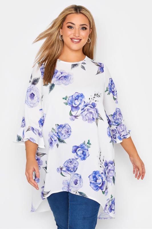 YOURS LONDON Curve White Floral Flute Sleeve Tunic Top_A.jpg