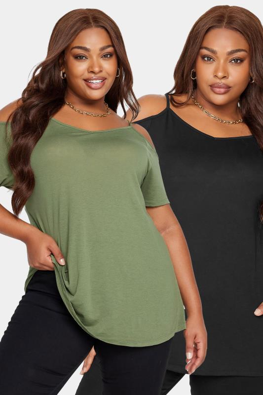 YOURS Curve Plus Size 2 PACK Black & Khaki Green Cold Shoulder T-Shirts | Yours Clothing  1