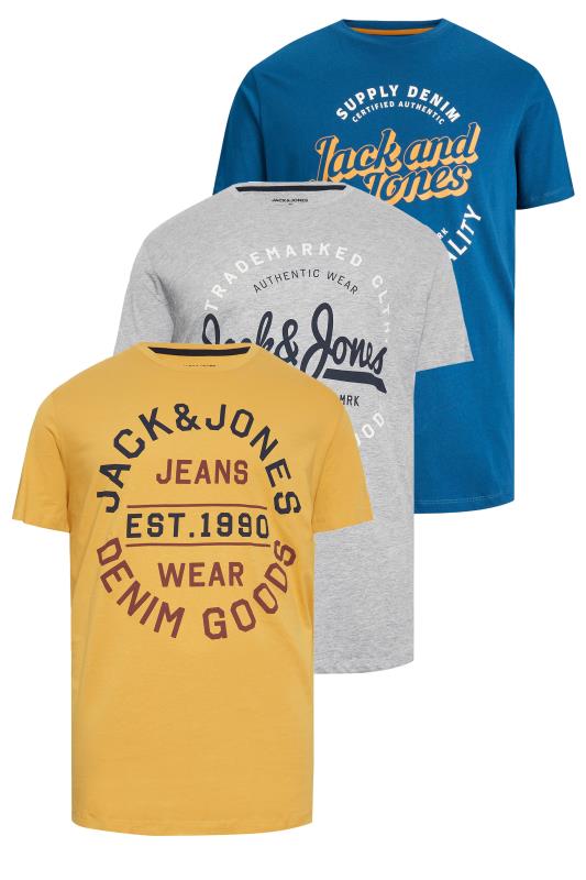 JACK & JONES Big & Tall 3 PACK Yellow & Blue Logo T-Shirts | BadRhino 4