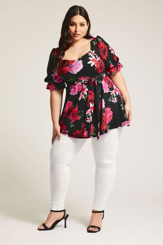 YOURS LONDON Plus Size Black & Pink Floral Print Peplum Top | Yours Clothing 1