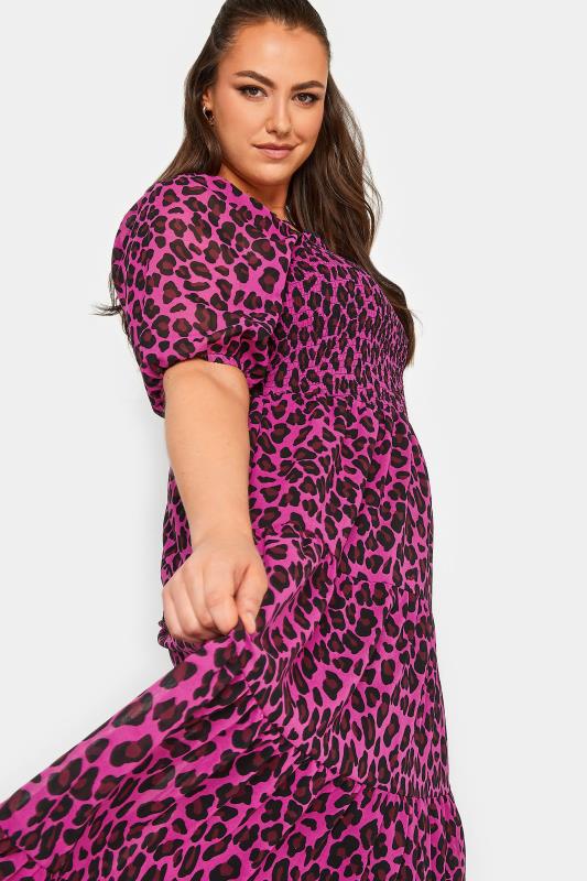 YOURS Curve Plus Size Hot Pink Leopard Print Midi Shirred Dress | Yours Clothing  4