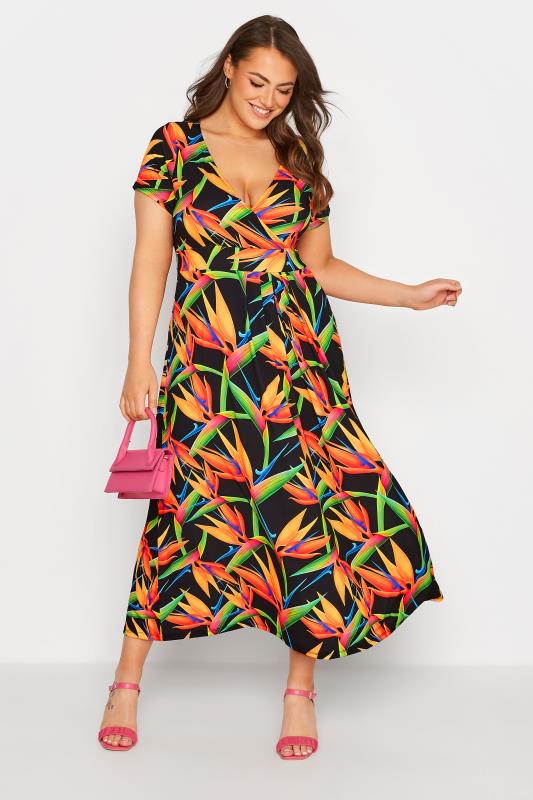  Tallas Grandes Curve Black Tropical Print Maxi Wrap Dress