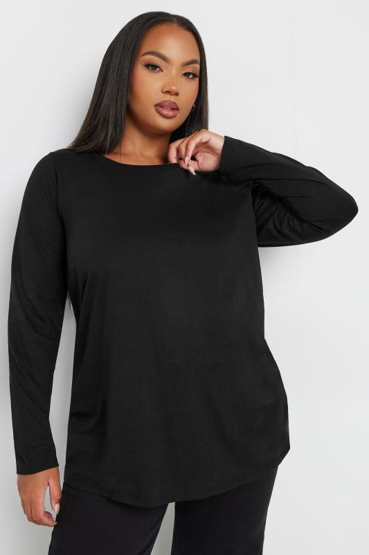 Plus Size Black Cotton Long Sleeve T-Shirt | Yours Clothing 2