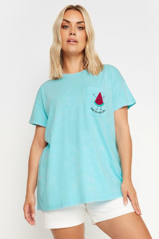 YOURS Plus Size Blue 'One In A Melon' Embroidered T-Shirt | Yours Clothing 1