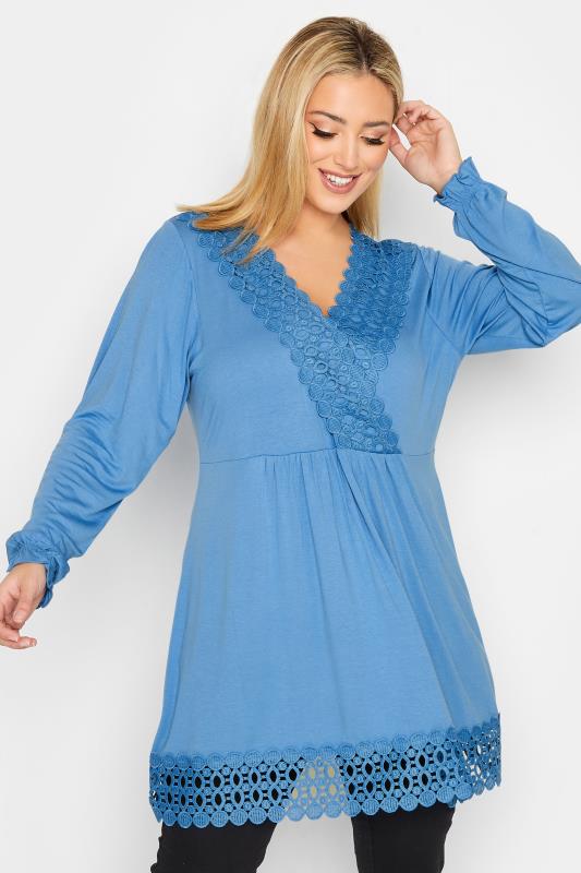 YOURS Plus Size Curve Blue Crochet Long Sleeve Tunic Top | Yours Clothing 1