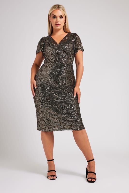  Grande Taille YOURS LONDON Curve Black & Gold Sequin Embellished Wrap Dress