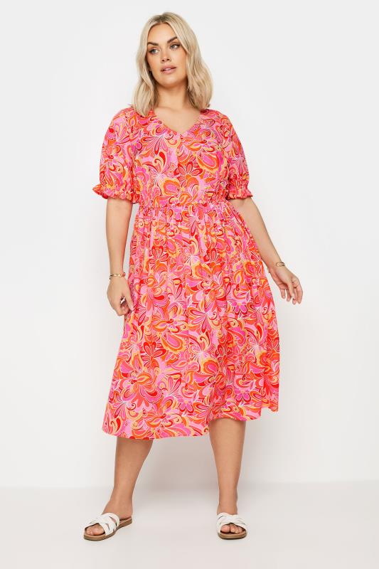 YOURS Plus Size Pink Abstract Print Midi Dress | Yours Clothing 3