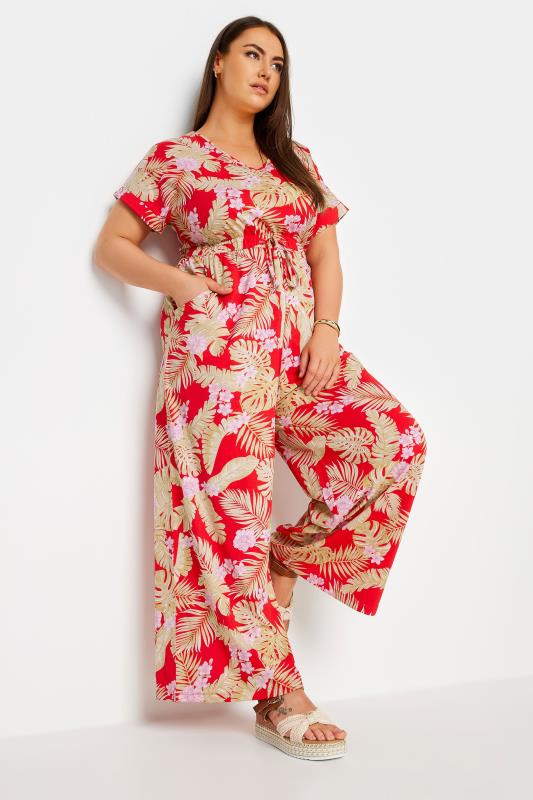 Tallas Grandes YOURS Curve Red Tropical Print Wide Leg Jumpsuit