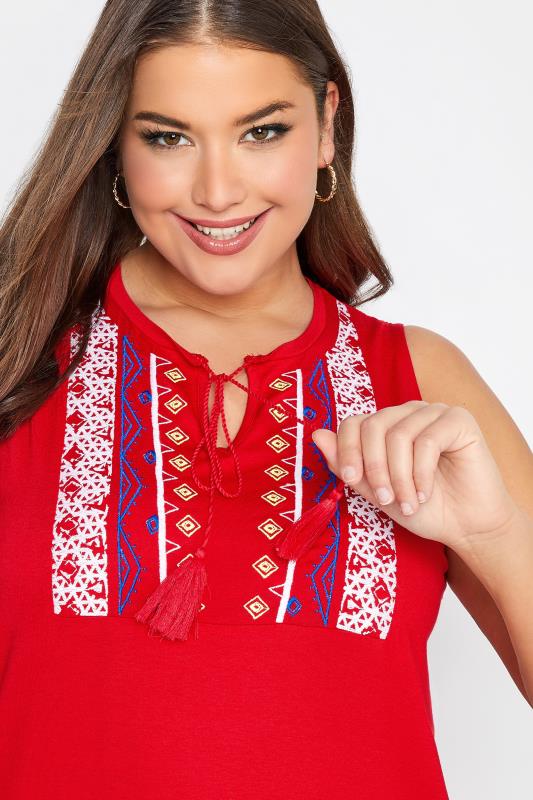 Curve Red Aztec Embroidered Tie Neck Top 4