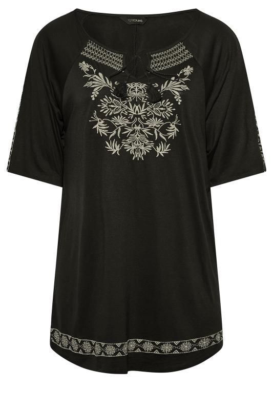 Plus Size Black Embroidered Tie Neck Top | Yours Clothing 6