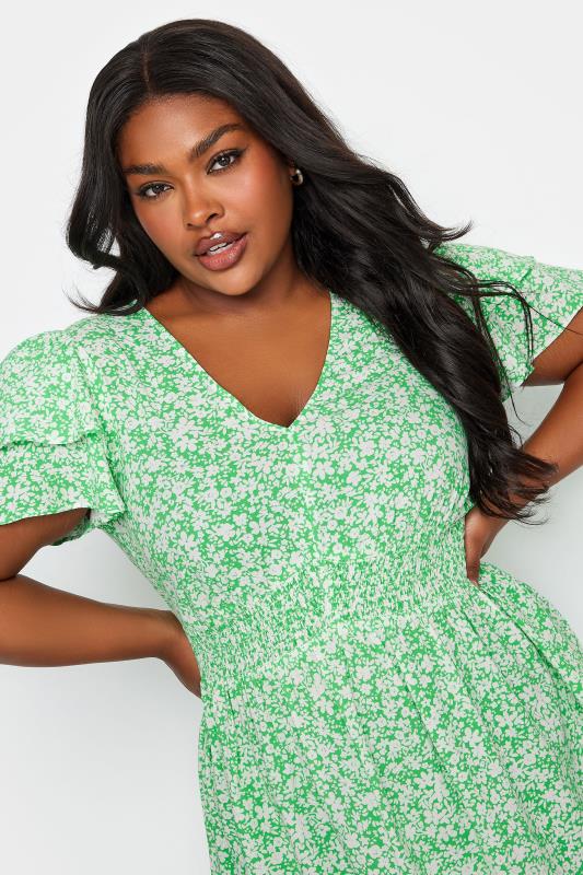 YOURS Plus Size Green Ditsy Print Flutter Sleeve Peplum Top | Yours Clothing 4