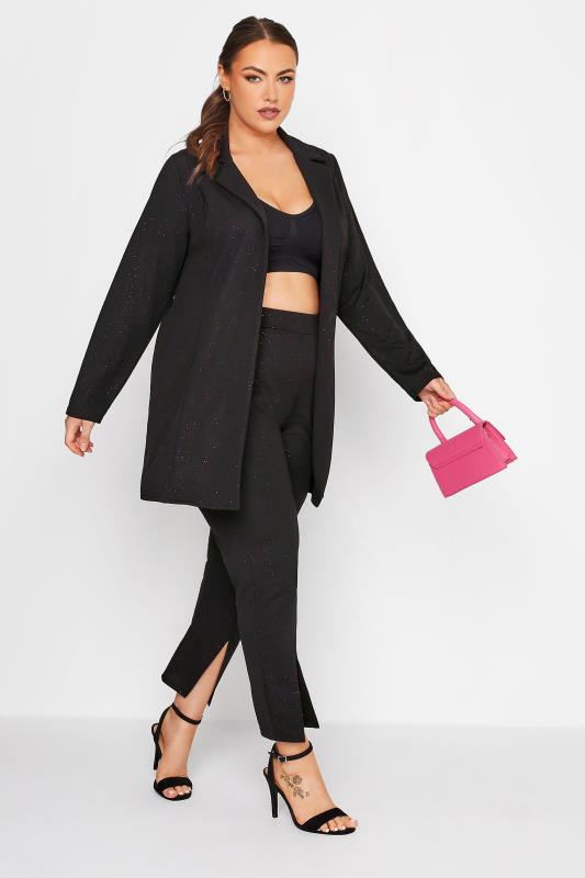 YOURS Curve Plus Size Black & Pink Glitter Longline Blazer | Yours Clothing 2