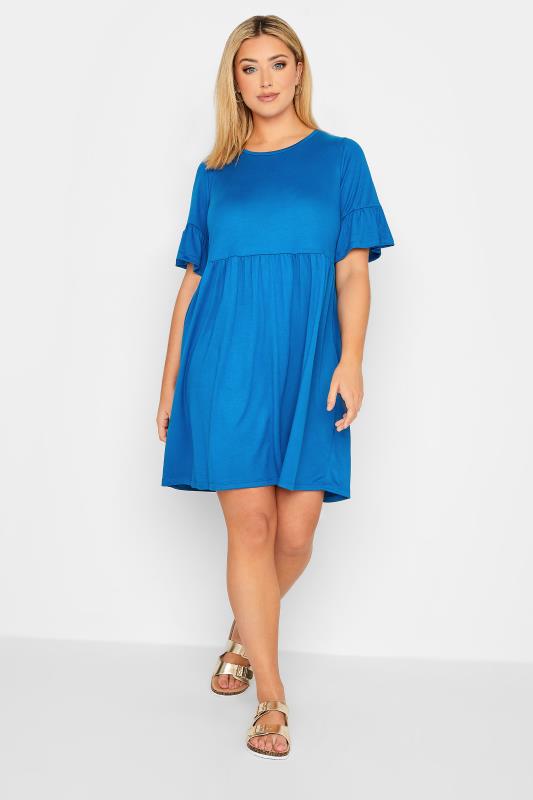 YOURS Plus Size Cobalt Blue Frill Sleeve Smock Dress | Yours Clothing 1