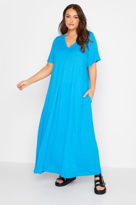 LIMITED COLLECTION Curve Turquoise Blue Pleat Front Maxi Dress_A.jpg