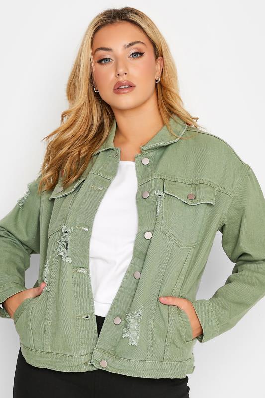 Plus Size Khaki Green Distressed Western Denim Jacket | Yours Clothing 4
