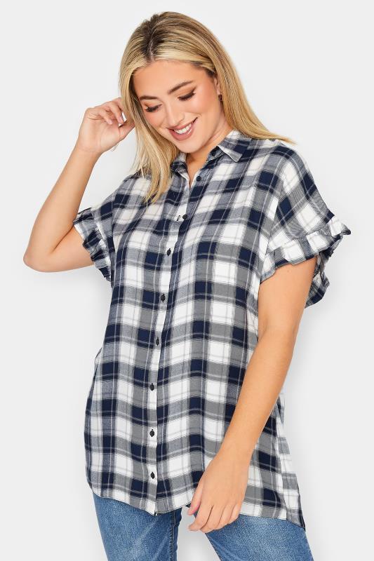 YOURS Plus Size Navy Blue Check Print Frill Sleeve Collared Shirt | Yours Clothing 1