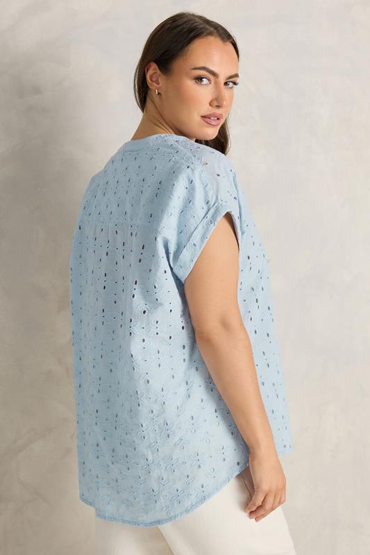 EVANS Plus Size Blue Broderie Short Sleeve Shirt | Evans 4