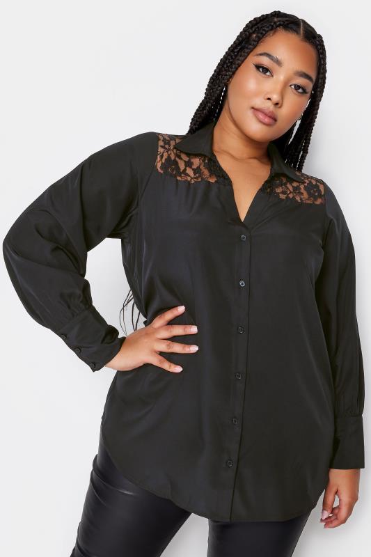 YOURS Plus Size Black Lace Shoulder Shirt | Yours Clothing 1