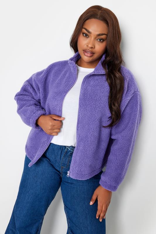 YOURS Plus Size Purple Cropped Zip Through Teddy Fleece | Yours Clothing 4