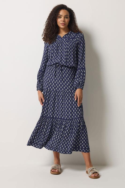 M&Co Navy Blue Aztec Print Tiered Maxi Skirt | M&Co 2